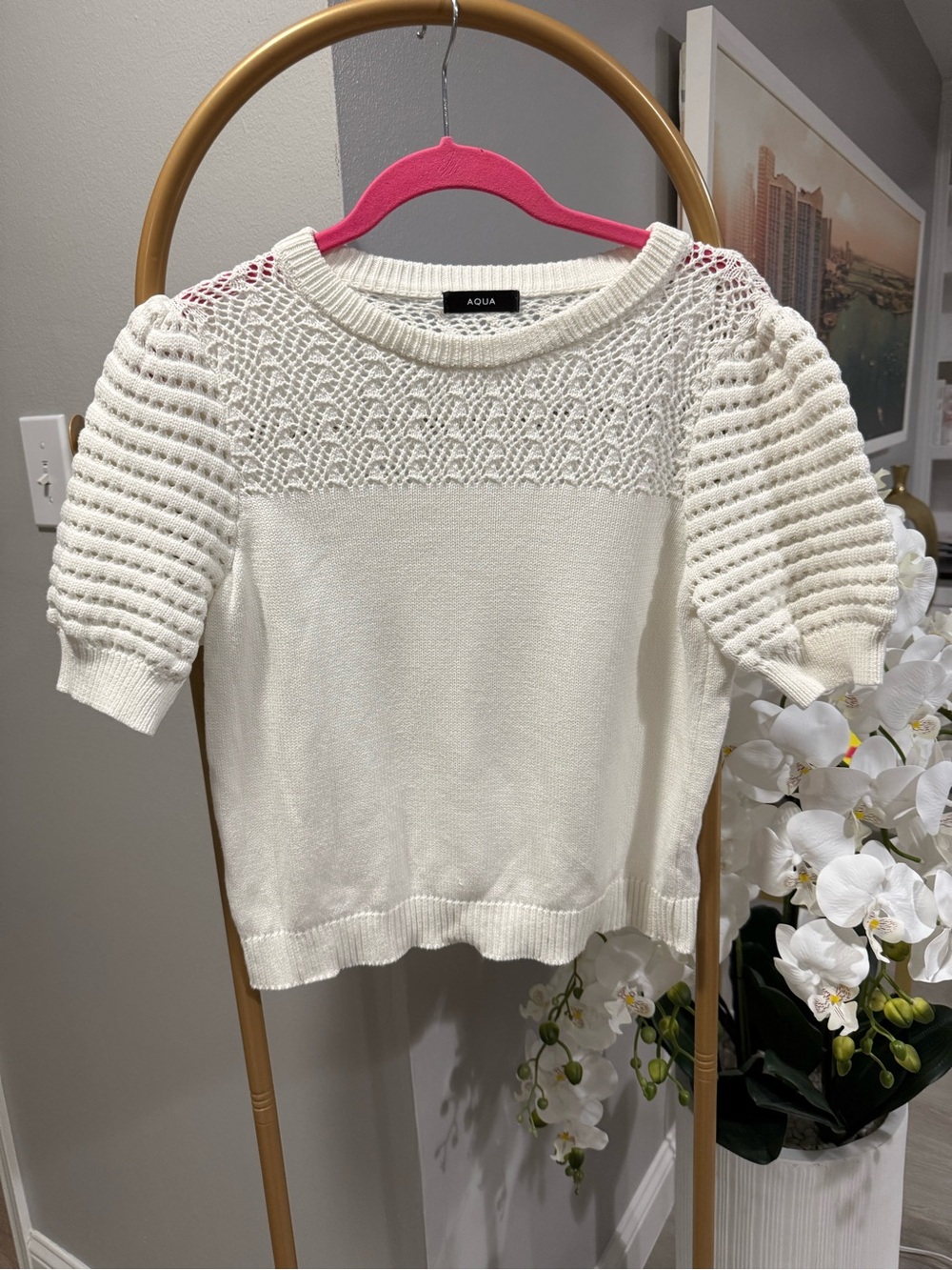 AQUA Cotton Crochet Puff Sleeve Top Size M